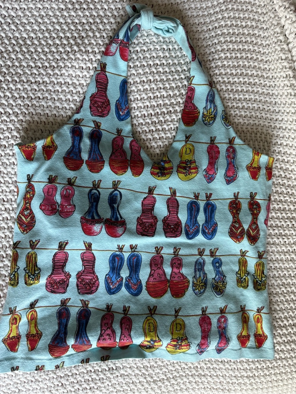 Susan Lawrence Light Blue Halter Tank with Multicolor Shoe Print